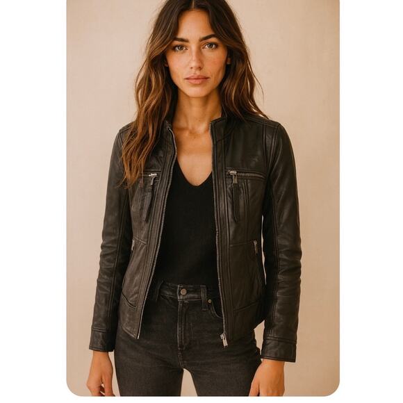 Michael Kors Black Leather Moto Jacket 90s Minimalist Boho Chic Classic XS - Picture 1 of 9
